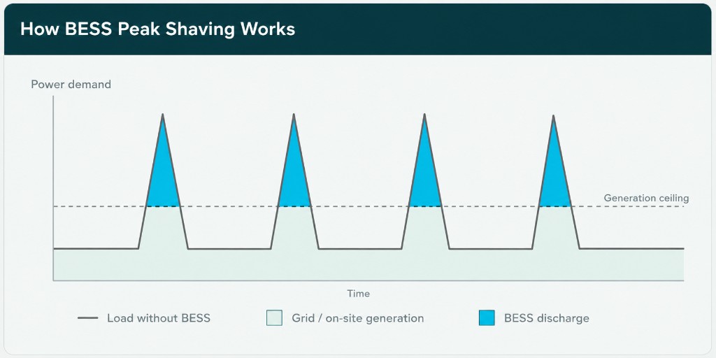 How BESS Peak Shaving Works: load without BESS spikes above the generation ceiling while BESS discharge fills the peaks