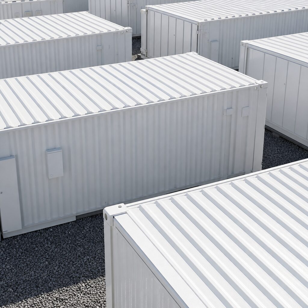 Close-up of high-rate BESS container rows in a compact power storage yard