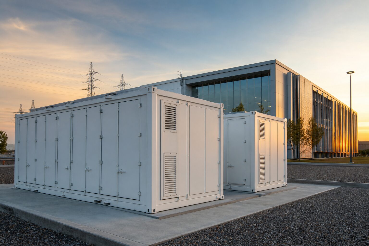 Ground-level view of high-rate BESS containers beside an AI data center campus at sunset