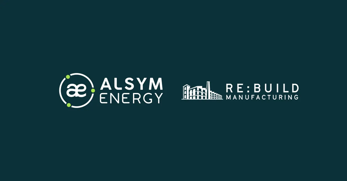 Corporate announcement graphic displaying the logos of Alsym Energy and ReBuild Manufacturing side by side on a dark teal background for a joint battery manufacturing partnership